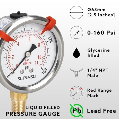 SCTSNSR 0 to 160 Psi Lead-Free Pressure Gauge, Glycerin Liquid Filled, 2.5 inch Dial, 1/4" NPT Lower Mount, Stainless Steel Case, for Regulator, Potable Water Pump, RV Hose, Well, Air, Pressure Test