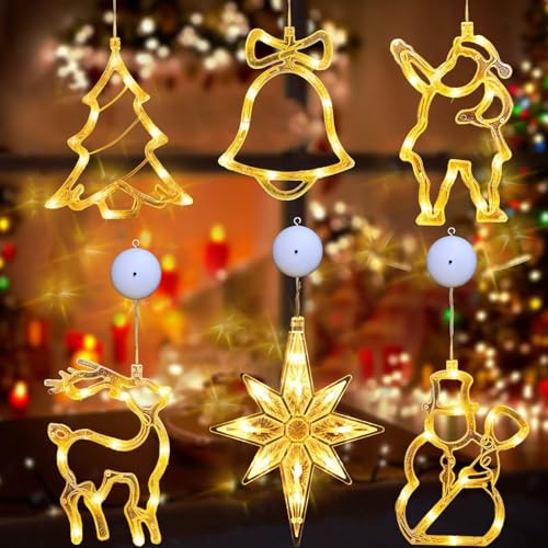 6 Piezas Luces LED de Navidad Con Ventosa - Iluminación Interior y Exterior Para Ventanas, a Pilas - Decoración Para Fiestas Navideñas
