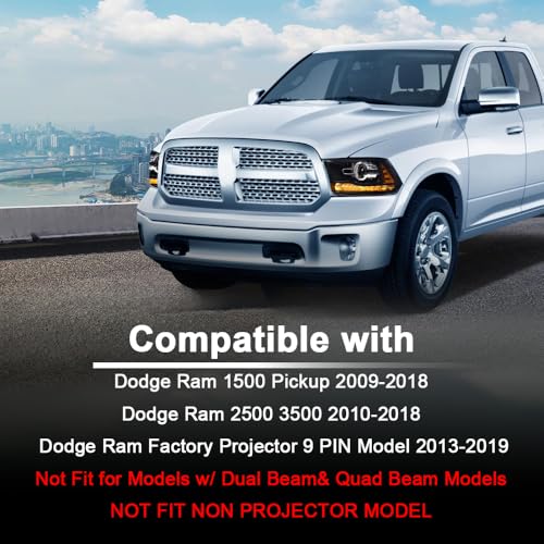 Image of GRAND ORANGE LED DRL Chrome Projector Headlights Assembly Compatible with 2013-2018 Dodge Ram 1500 2500 3500 FACTORY PROJECTOR 9 PIN MODEL Headlamps Clear Lens Amber Reflector