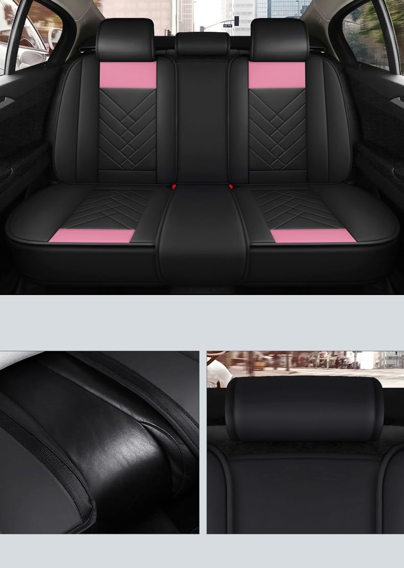 Zvaluqy07 Leather Car Seat Covers Faux Leatherette Automotive Vehicle Cushion Cover for 5 Passenger Cars & SUV Universal Fit Set for Auto Interior Accessories Ttrucks (Black and Pink)