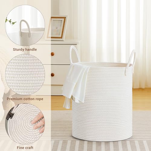 Image of 53L Tall Cotton Rope Laundry Basket with Handles, White