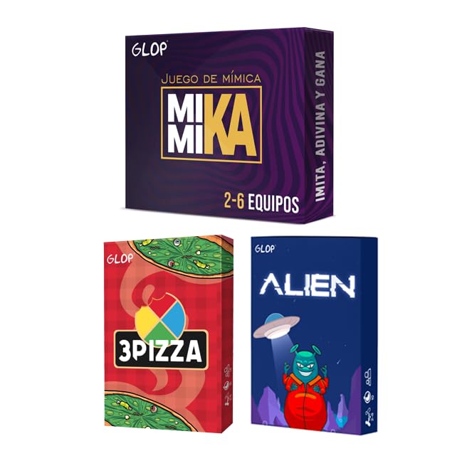 Glop Pack Mimika + 3pizza + Alien | | Juegos de Mesa Adulto y Niños +8 años | Juegos de Cartas Familiares y Divertidos | Regalos Originales para Niños y Niñas | Caja Compacta