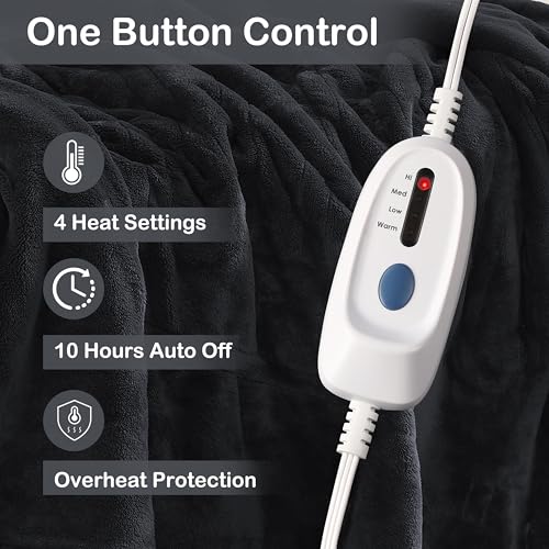 Electric Heated Blanket Full Size 72"x84", Cozy Large Oversized, 4 Heating Levels & 10 Hours Auto Off, Cozy for Bed, Sofa, & Office, Machine Washable, Black
