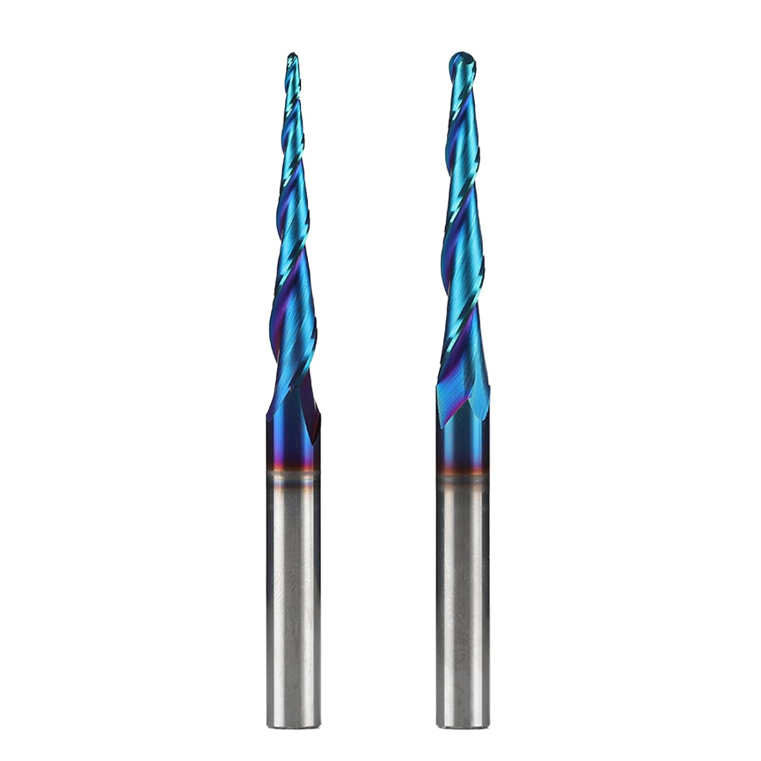 2PCS Spiral CNC Router Bits 1/4" Shank 3" Over Length Tapered Angle Ball Nose with NACO-Blue Coating for 2D&3D Wood Carving Engraving
