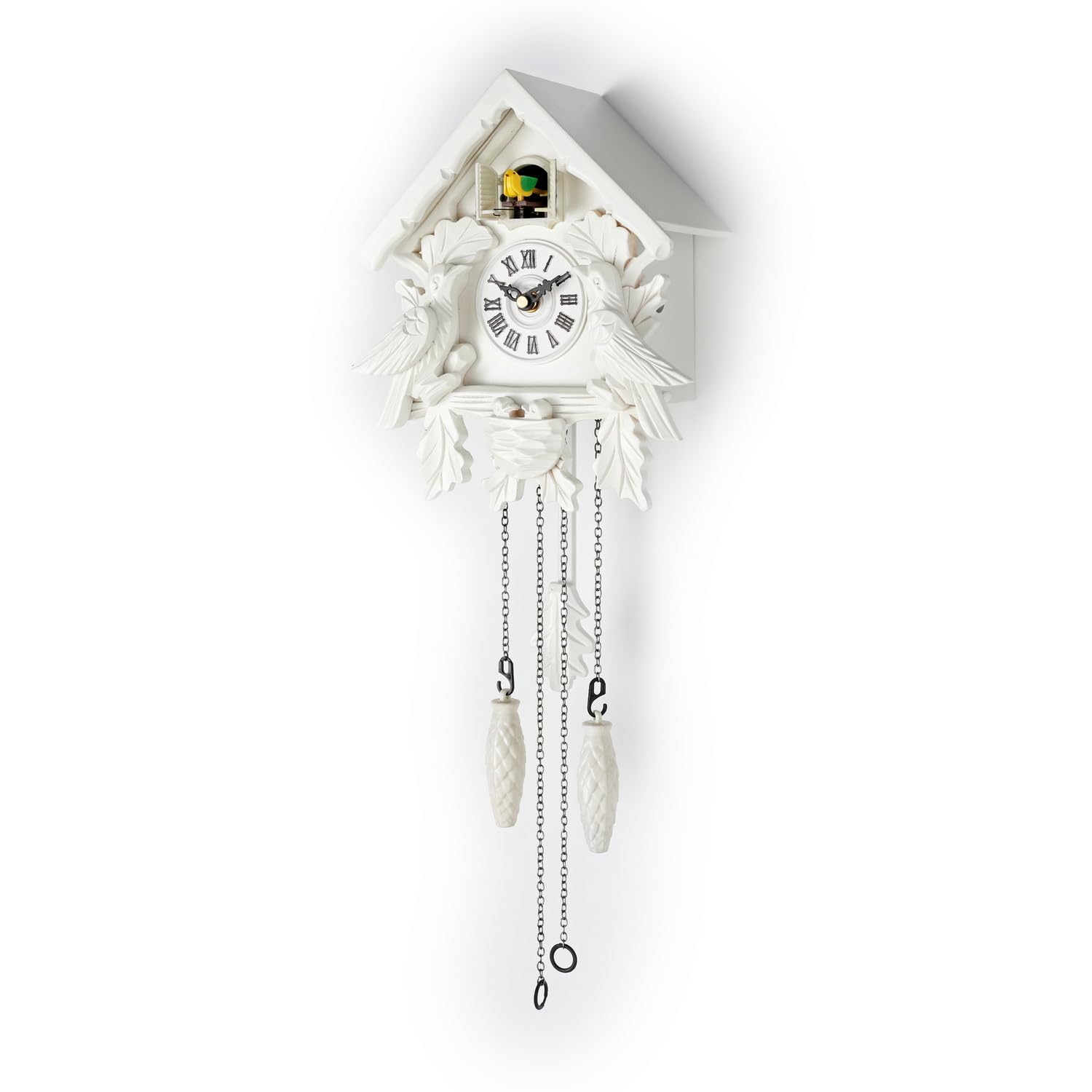 Timegear White Cuckoo Clock With Night Mode, Wooden Decorations And Swinging Pendulum (White)