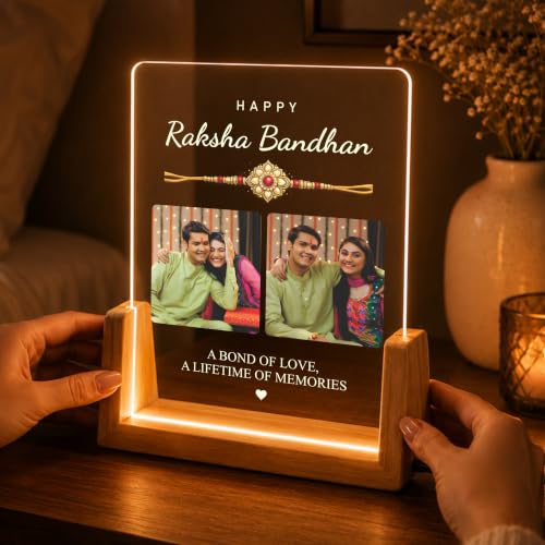 Image of Giftplease Personalized Raksha Bandhan LED Acrylic Photo Frame with 3 Custom Pictures, Brother Sister Memory Plaque, Wooden USB Night Lamp, Family Festival Decor, Engraved Name Quote Display