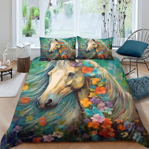 Housse de couette fleurs et chevaux 3-pièces imprimé animal parure lit microfibre 200x200 - 2