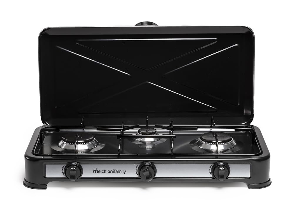 Fornello a Gas GPL Minerva 3 Fuochi Portatile da Campeggio Cucina da Esterno Acciaio Smaltato con Coperchio Regolazione Fiamma Griglie Removibili per Camper Picnic Giardino Nero 2.9KW
