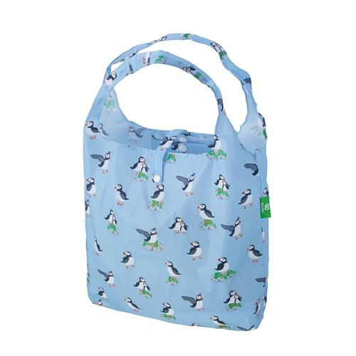 Eco Chic Lightweight Foldable Reusable Shopping Bag Water Resistant Tote Bag (Multi Puffin Blue)