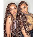 Leeven 30 Inch Distressed New Faux Locs Light Brown Pre Looped Butterfly Soft Locs Crochet Braids Hair 1 Pack Long Boho Goddess Locs Extended Curly Wavy Synthetic Hair for Black Women 15 Strands #30