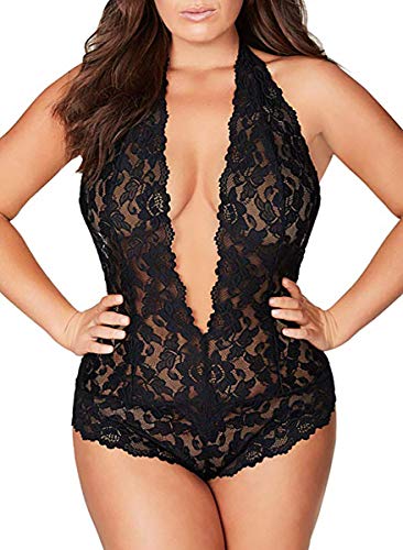 Lingerie for Women Plus Size, Sexy Open Back Halter Plunging Teddy One Piece Scalloped Trim Lace Bodysuit(Black,3XL,6004a)