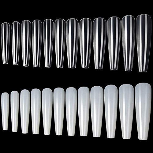 1200 Pieces Extra Long Coffin Nails XXL Full Cover False Nails Tips (Clear & Natural), Ballerina Acrylic Fake Nails Press on Nail for Nail DIY Art Salon Manicure Supply (12 Sizes)