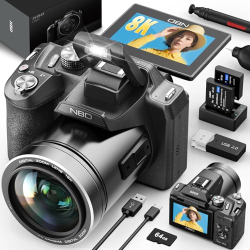 8K Professional Cameras for Photography 64MP - WiFi, 16X Zoom Autofocus, with 64G TF Card & 2 Batteries, 180° Flip Screen, Anti-Shake, Digital Vlogging Camera for YouTube Travel (Black)