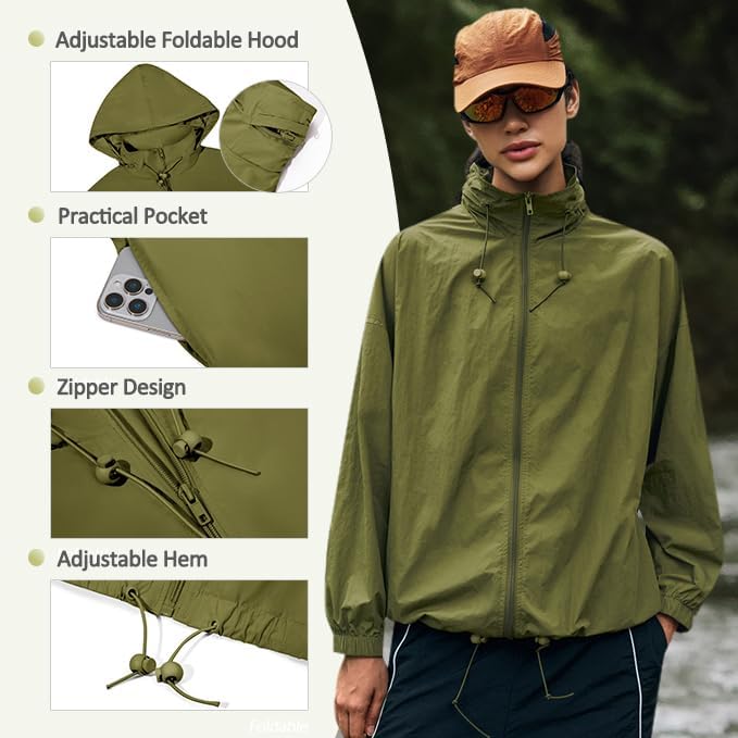 Yousify Womens Waterproof Rain Jackets Lightweight Zip Up Raincoat Outdoor Hiking Hooded Windbreaker with Pocket - Image 2