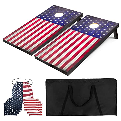 Solid Wood Cornhole Set - Includes Two 4' x 2' Regulation Size Stars & Stripes Flag Wooden Cornhole Boards