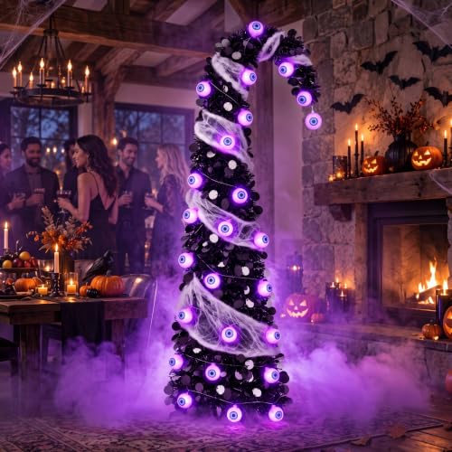 DTNESS 5FT Pop Up Halloween Tree with 35 Purple Eyeball Lights & Spider Web - image 1