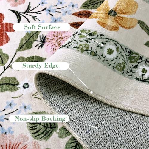 Image of Deerly Floral Area Rugs 5x8 Vintage Boho Washable Non-Slip Living Room Carpet Soft Low Pile Colorful Thin Bedroom Floor Mat Indoor for Dining Room Playroom Nursery Farmhouse, Beige /Green /Multi