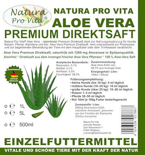 Aloe Vera Pferd Direktsaft aloinfrei zuckerfrei vegan Aloevera Saft aus dem Innengel Vitamine Pferd 500ml Glasflasche