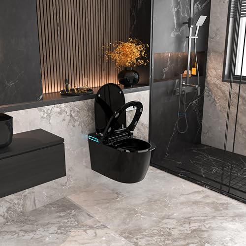 Image of Black Smart Wall Hung Toilet Combo,Auto Flush, Auto Open /Close LId,Heated Seat,Warm Water /Dryer, Modern Elongated Bidet Toilet with In wall Carrier (No need to buy an additional Water Tank)