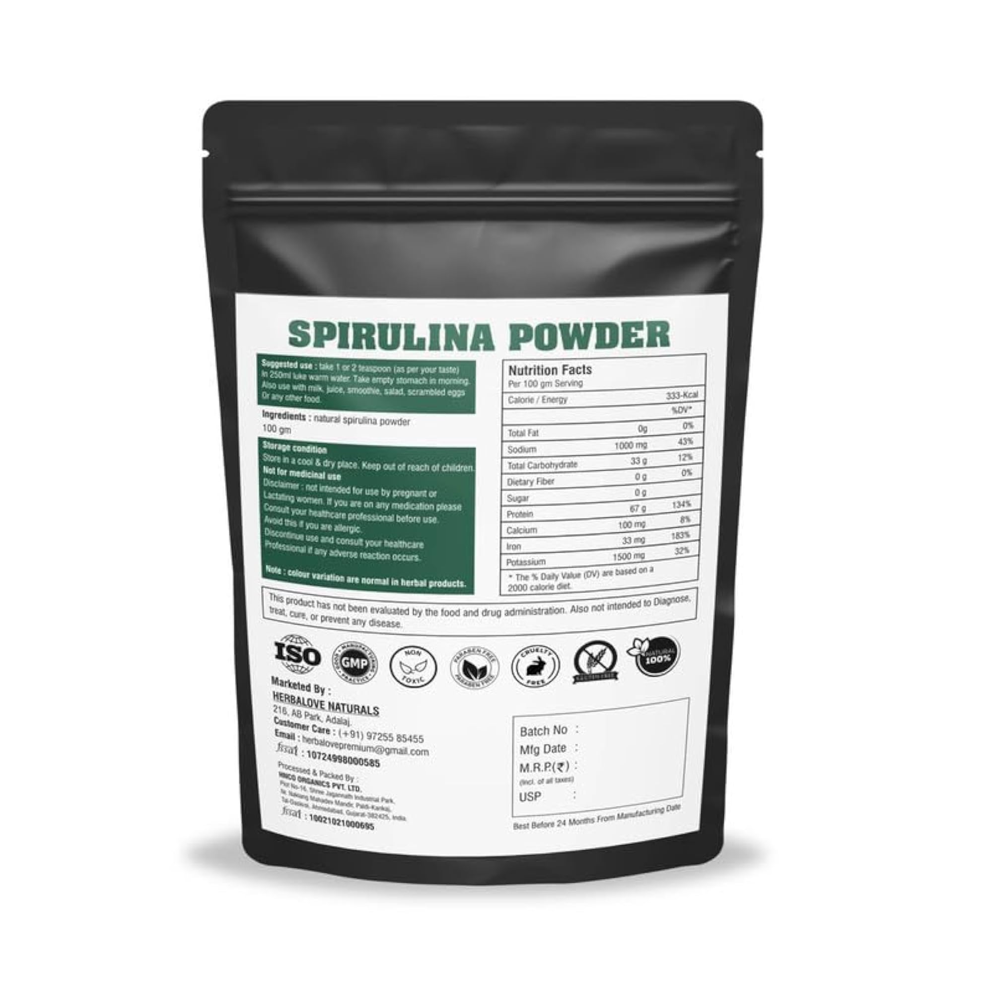 HERBALOVE 100% Spirulina Powder for Wellness
