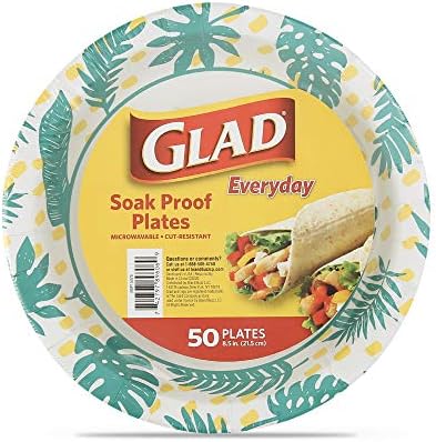 Glad Disposable Paper Plates with Palm Leaves Design, 8.5 Inch Paper Plates | Round Paper Plates for Everyday Use | Cut Proof, Soak Proof Disposable Plates from Glad, 50 Count