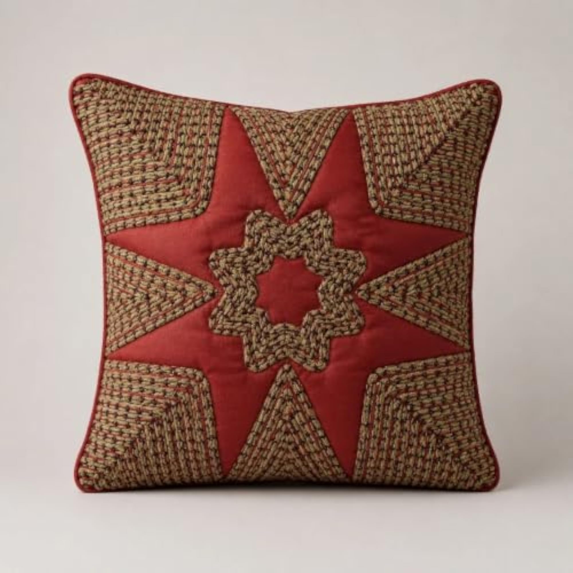Geometric Star Patchwork Embroidery Cushion Cover, Red