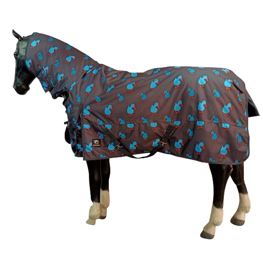 Combo Turnout Rug Duck Print - Waterproof Breathable Travel Rug with Neck - Cob Full Protective Fields Yard And Stable (6’0, Grey 0g)
