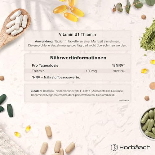 Vitamin B1 Hochdosiert 100mg Thiamin | 120 Vegane Tabletten | Ohne künstliche Zusätze | von Horbaach