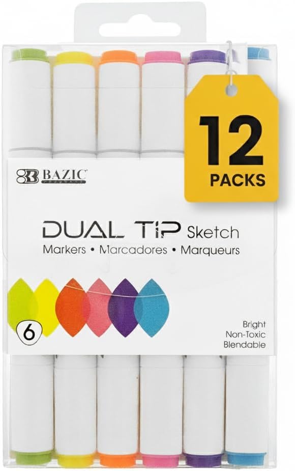 BAZIC PRODUCTS Alcohol Markers Brush, Double Tipped 6 Neon Color Art Marker Set for Artist Adults Coloring Illustration - Brush Chisel Dual Tips (6/Pack), 12-Packs