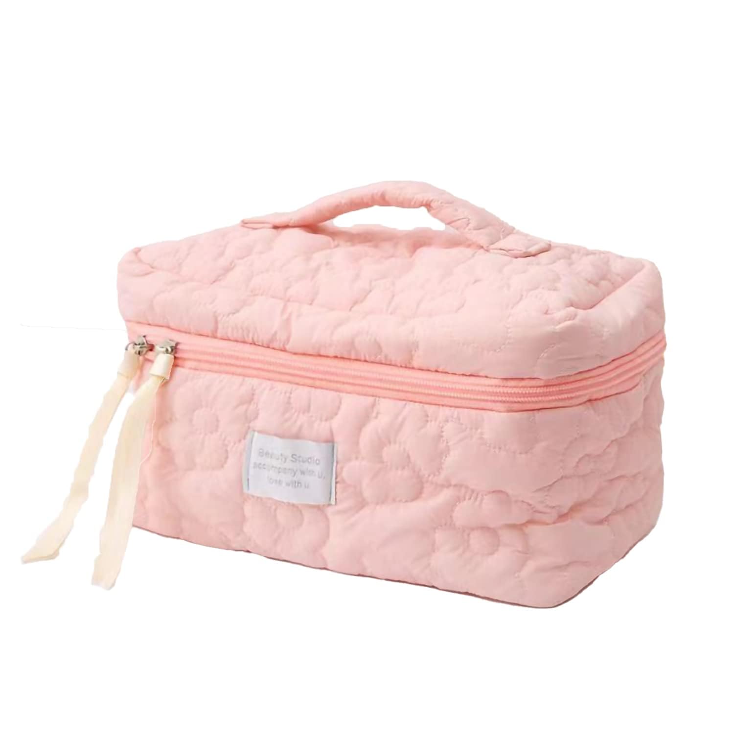 Quilted Cotton Makeup Bag for Women – Large Capacity Travel Cosmetic Organizer with Zipper – Cute Floral Toiletry Pouch – Handheld Portable Multifunctional Storage Purse | Blue (Pink)-image-15