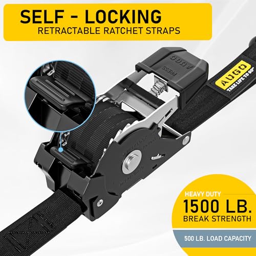 Image of AUGO Self-Locking Retractable Ratchet Straps | 4 Heavy Duty Self-Tensioning Retractable Tie Down Straps with Soft Loops & Storage Bag | for Motorcycle, Truck, Cargo | 1500Lb Break Strength 1 inch x 12'