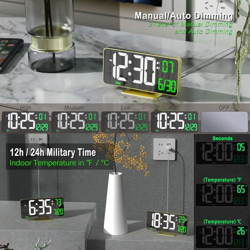 Image of KOSUMOSU Desk Clock for Bedroom Accessories 6.7in Gold Digital Alarm Clock with Dimming,12 /24h, Date, Day of Week, Temp, LED Clock, Modern Digital Calendar Clocks for Living Room Essentials