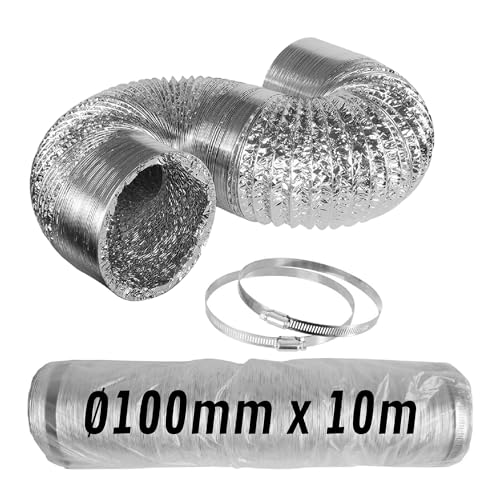 CONTROL GARDEN Tubo Flexible Aluminio Ø 100 mm Longitud 10 m | Conducto Aire Ventilación + 2 Abrazadera Acero | Manguera Flexible Extractor de Aire