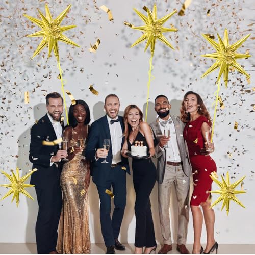 Image of Star Balloons, 6 PCS Gold Star Balloons 22 Inch Explosion Foil Mylar Balloon Starburst Balloon Cone Balloon for Bachelorette New Year Birthday Wedding Baby Shower Anniversary Graduation Party Decor