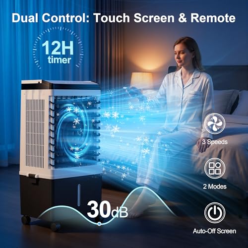 Image of Uthfy 1800CFM Swamp Cooler, 30 inch Evaporative Air Cooler with 5.3 Gal Detachable Water Tank, 120 Oscillation, Remote, 12H Timer, 3 Speeds, Portable Cooling Fan for Bedroom, Home Office, Study, Garage