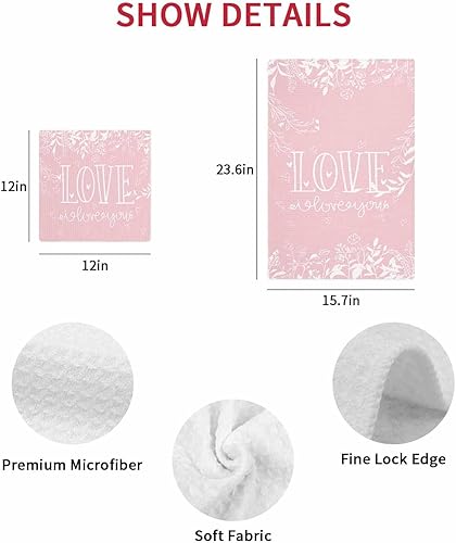 Miniatura 7 de Juego de 2 toallas de cocina de algodón con tejido de gofre, hojas de plantas de amor, color rosa, día de San Valentín, 16 x 24 pulgadas,