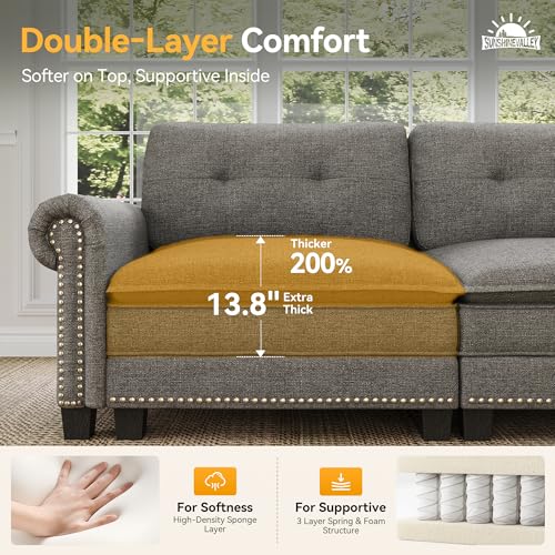 Image of SUNSHINE VALLEY 3-Piece 6-Seater Cloud Modular Sofa Set with Extra Deep & Wider Cushions, Oversized Mid-Century Modern Couch Set with Loveseat and Throw Pillows for Living Room, Linen Dark Grey