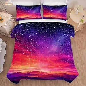 Red Galaxy Comforter Set King Size Space Bedding for Boys Teen Girls Starry Sky Glitter Star Gradient Bedroom Decor Quilt Bed Sets, 1 Comforter 2 Pillowcases