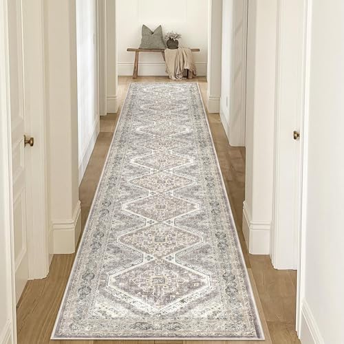 KUTA Ivory Grey Yellow Washable Runner Rug 2.6x16, Non-Slip 16ft Extra Long Hallway Kitchen Rugs, Soft Printed Distressed Oriental Medallion 16ft Stair Runners Indoor for Bedroom Entryway