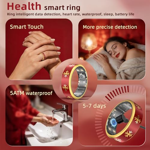 Image of Smart Ring for Women & Men, Fitness Tracker Ring with Sleep Monitoring, Heart Rate & Blood Oxygen Tracking, IP68 Waterproof, Bluetooth Health Ring, No Subscription (Red, 7)