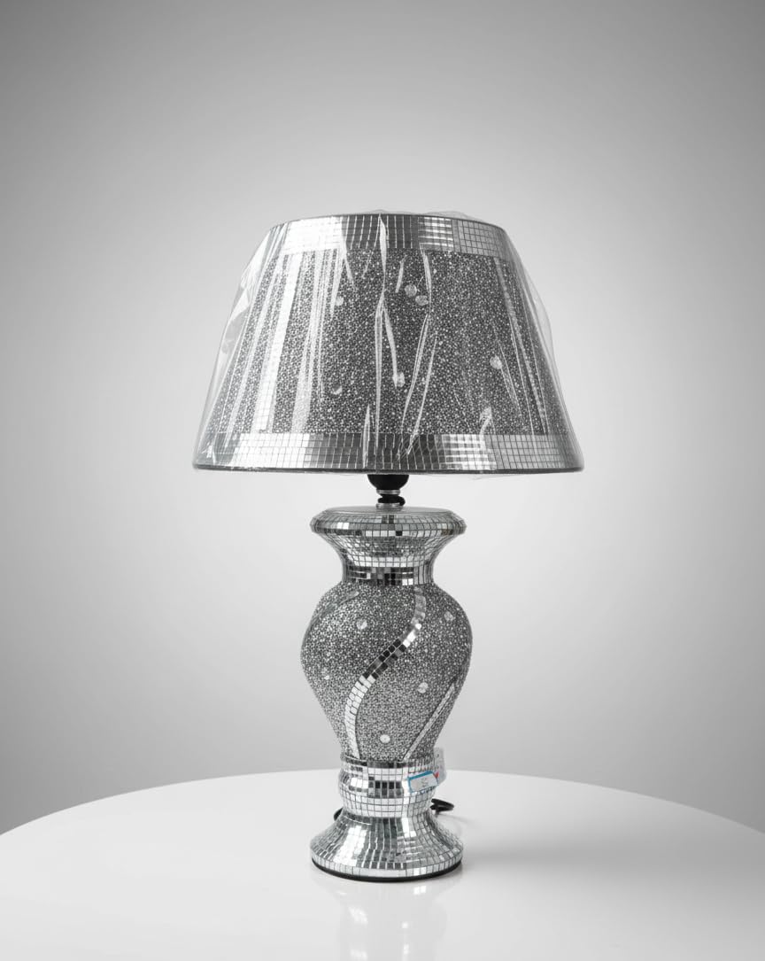 Bargain Brooz Silver Glitter Crushed Diamond Table Lamp With Spiral Shade | Luxury Crystal Bedside Lamp For Bedroom & Living Room Decor(Bb-80)