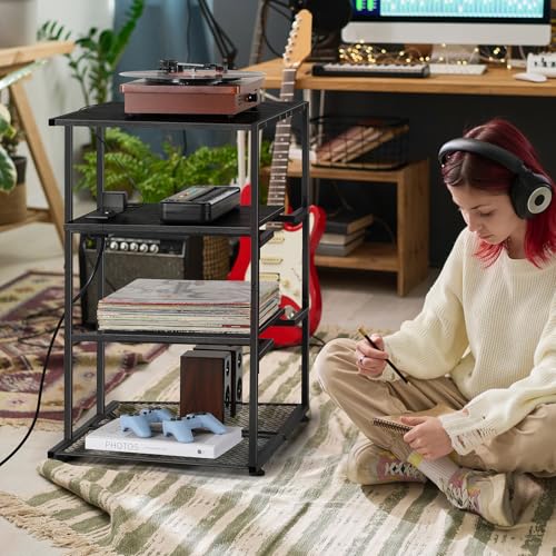 OYEAL 4-Tier AV Media Stand with Power Strips, Media Console Shelf, Audio Rack Tower Corner Entertainment Center Perfect for DVD Players, Game Console, TV Box, Wi-Fi Router, Rustic Black - Image 3