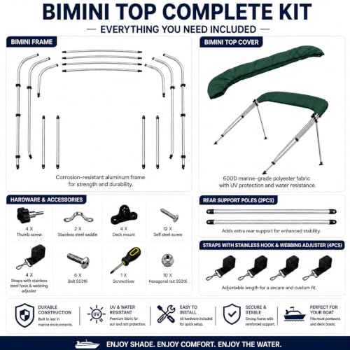 Image of MSC 3 Bow 4 Bow Bimini Top Boat Cover,Waterproof Solution Dyed Polyester Made,2 Support Poles& 4 Adjustable Straps Included