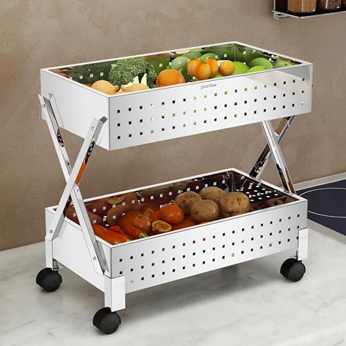 Image of Plantex 2-Tier Vegetable Stand /Onion Potato Rack for Kitchen Trolley /Vegetable Organizer Rack /Stainless Steel Space Saving Organizer Basket Stand /Heavy Duty Rolling Utility Cart-(Chrome)