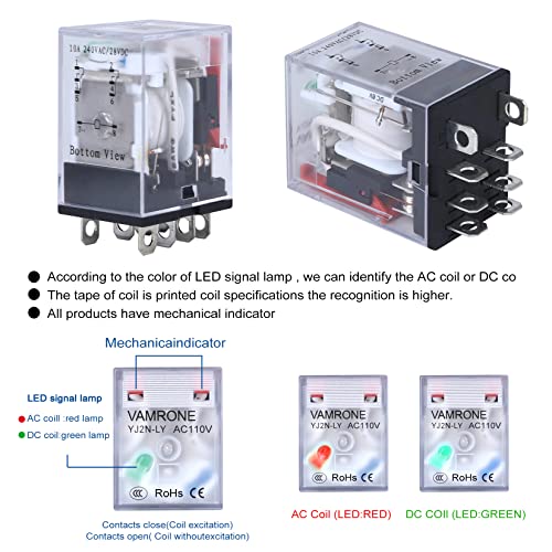 Relé Electromagnético de Potencia VAMRONE 8 Pines 10A 110/120 AC con Base para Riel DIN y LED Indicador DPDT Modelo YJ2N-LY miniatura 6