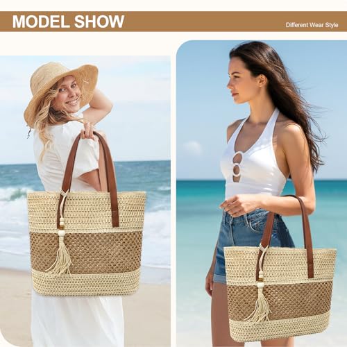 Image of Long Keeper Beach Bags for Women Summer Straw Bag with Zipper Woven Shoulder Handbag Beach Tote Bags for Travel Vacation