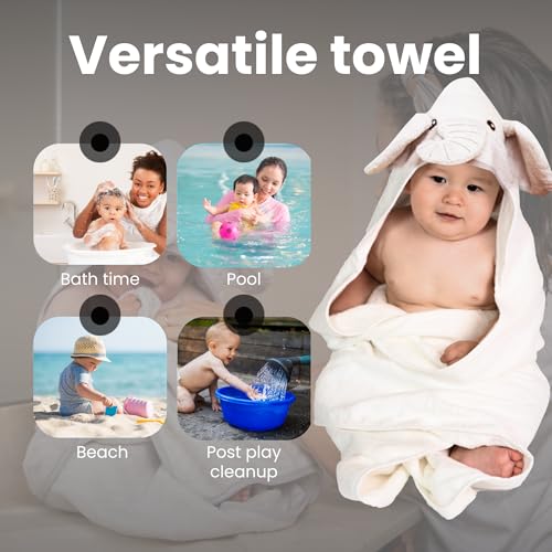 Image of Premium Baby Towel for Bath with Hood, Extra Soft, Silky Smooth Fabric, Made from Viscose derived from bamboo and cotton Extra Large Absorbent, Hypoallergenic, Machine Washable, Elephant