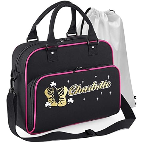 MusicaliTee Irish Gaelic Dancing - Pumps Ghillies Reel - BLACK + MAGENTA - Personalised DUO DANCE & Drawstring Bags Cover