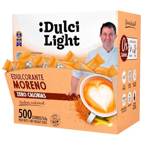 Edulcorante Moreno Zero DulciLight 500 Sobres | 100% Natural de Caña | Enriquecido con Fibra Vegetal Guar | 1gr = 10gr de azúcar | Sustituto de azúcar | Sabor natural