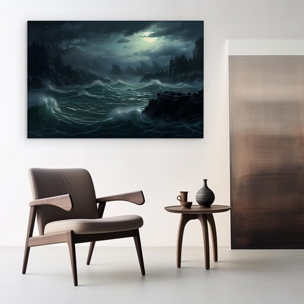 Canvas for Living room. Moonlit Fury: The Dance of Waves Against a Nocturnal Tempest, 27 x 18 inch Canvas Wall Art - Contemporary Masterpieces - Modern Home Decor - 69x46 cm (27x18 inch)